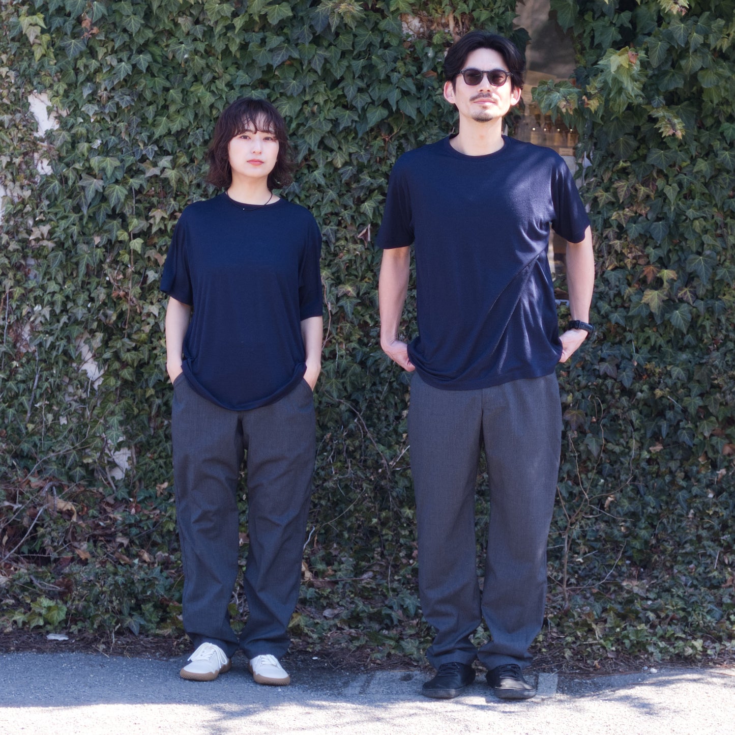 Left : tomoka 161cm / Merino Crew SS Navy size-2 / Busy Wool Pants Charcoal S-size

Right : naoki 180cm / Merino Crew SS Navy size-4 / Busy Wool Pants Charcoal L-size