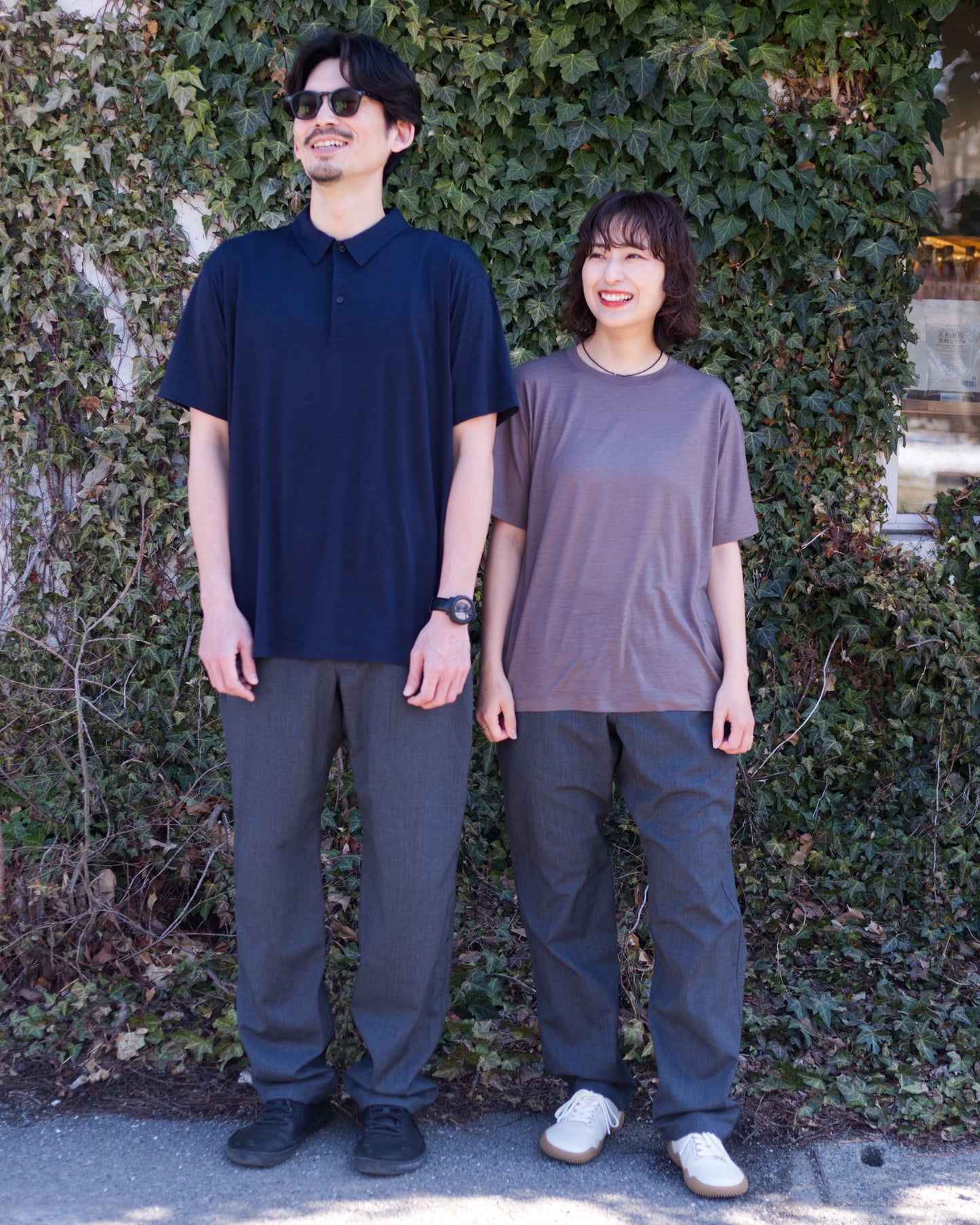 Left : naoki 180cm / Merino Polo SS Navy size-4 / Busy Wool Pants Charcoal L-size 

Right : tomoka 161cm / Merino Crew SS Mocha size-1 / Busy Wool Pants Charcoal S-size