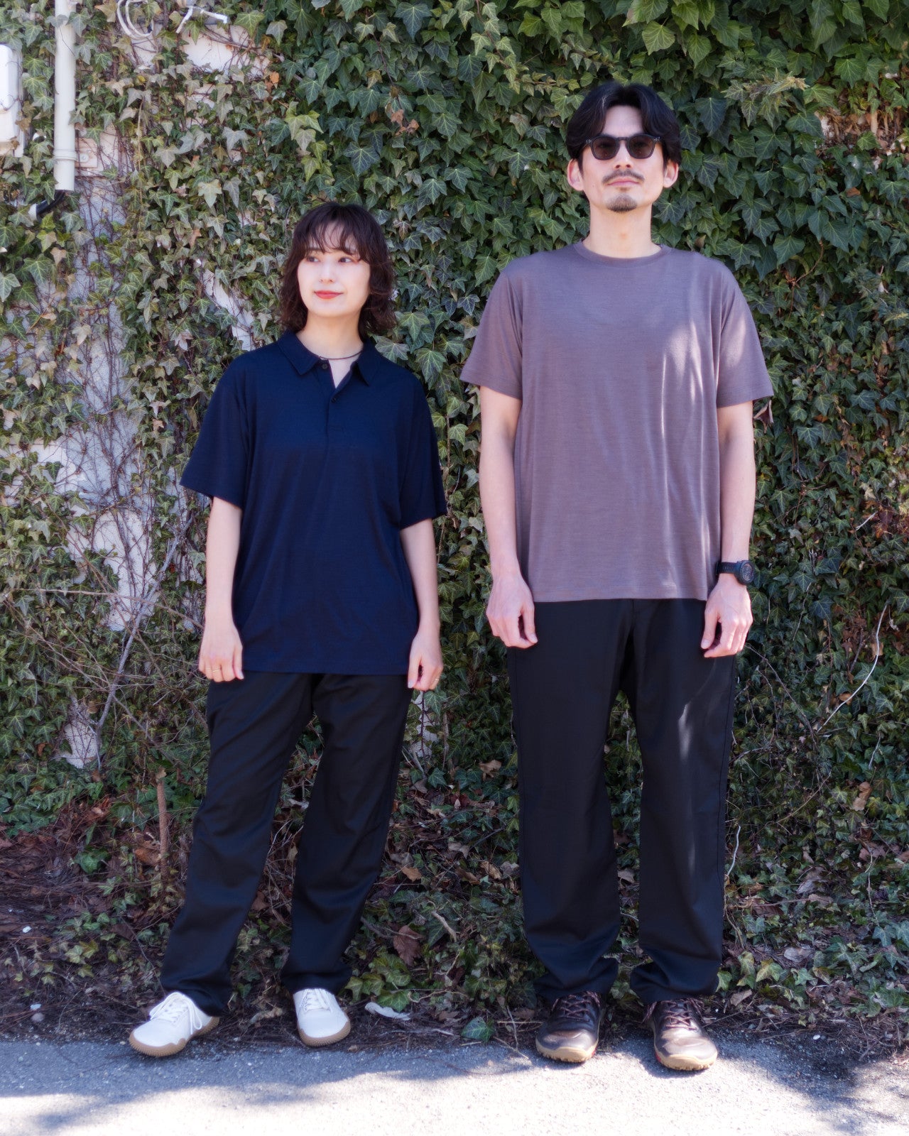 Left : tomoka 161cm / Merino Polo SS Navy size-2 / Busy Wool Pants Black S-size

Right : naoki 180cm / Merino Crew SS Mocha size-3 / Busy Wool Pants Black XL-size