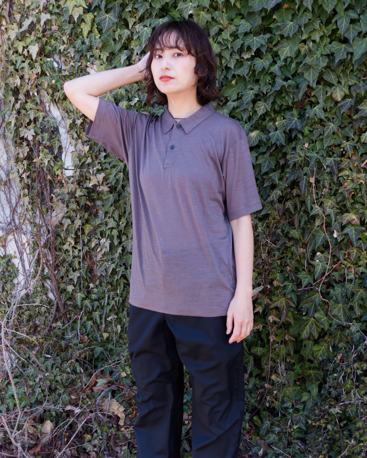 tomoka 161cm / Merino Polo SS Mocha size-1 / Busy Wool Pants Black S-size