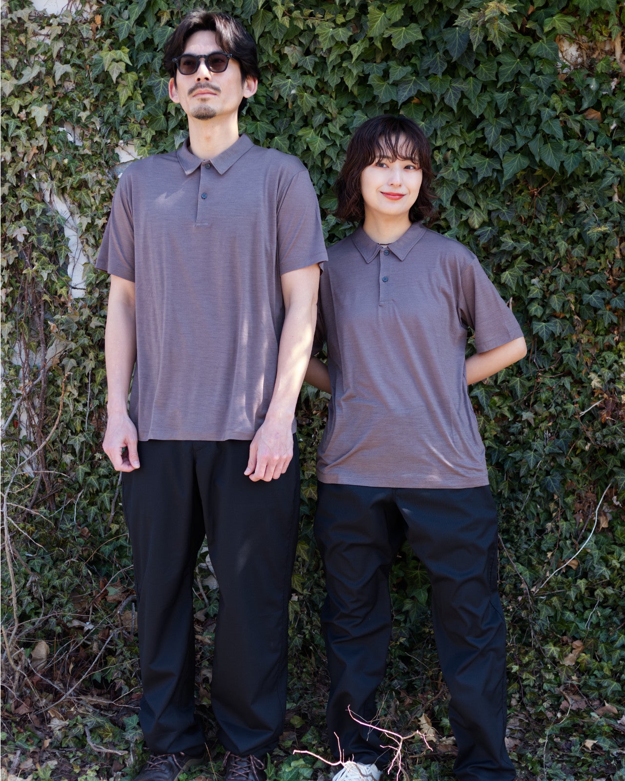 Left : naoki 180cm / Merino Polo SS Mocha size-3 / Busy Wool Pants Black XL-size 

Right : tomoka 161cm / Merino Polo SS Mocha size-1 / Busy Wool Pants Black S-size