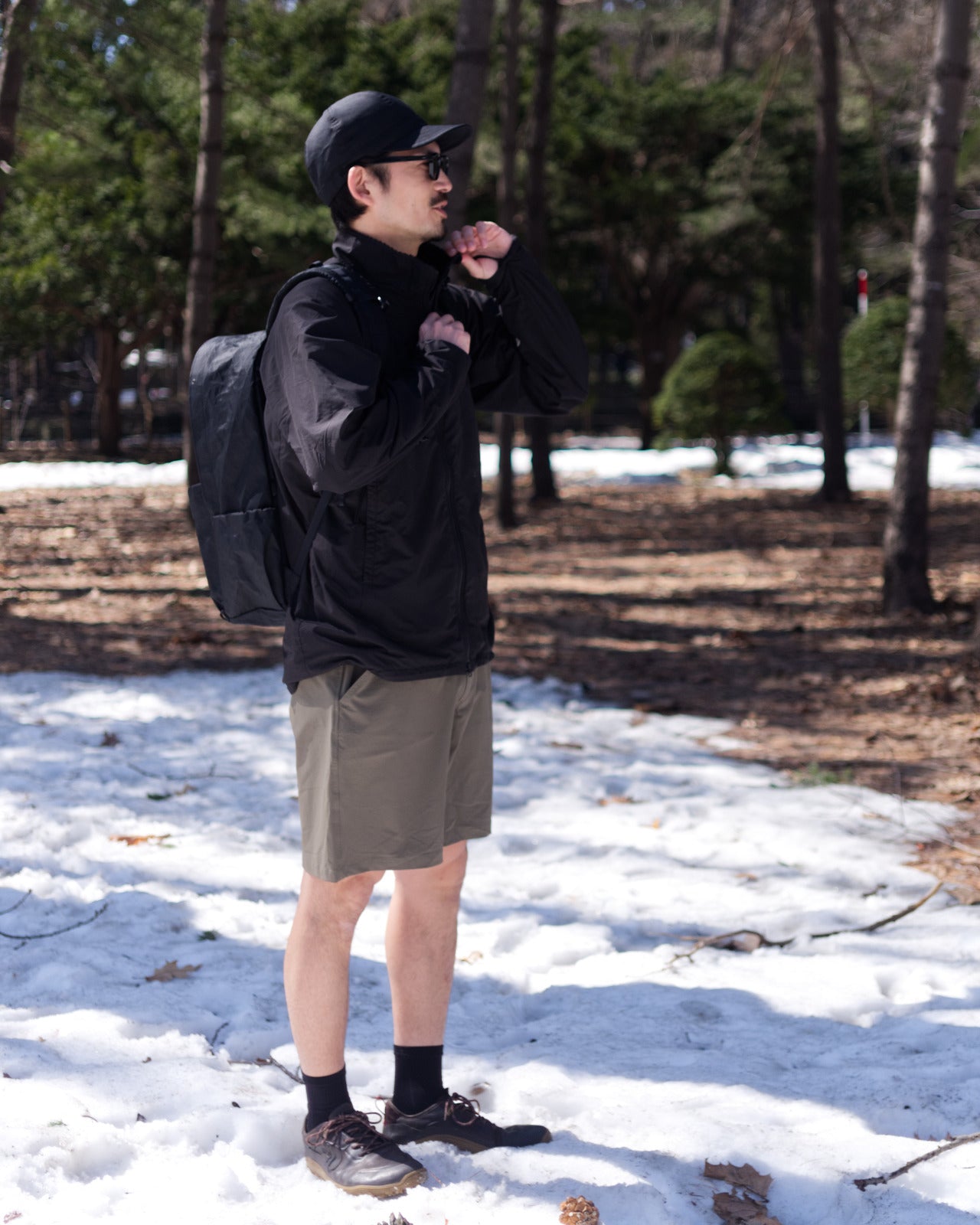 naoki 180cm / Everyday BIG X-PAC Black, 
Octet Jacket  / Black size-L,
Feather Wool Cap / Black,
Busy Work Shorts / Olive size-L