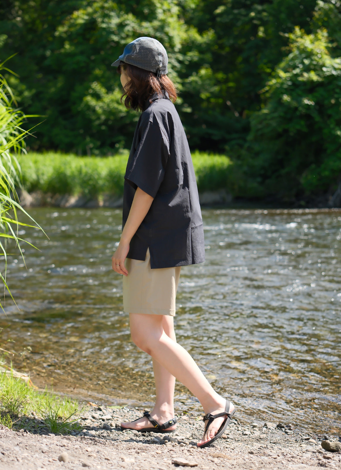 tomoka 161cm / Summer Pullover SS Black size-1 / Busy Work Shorts Beige S-size