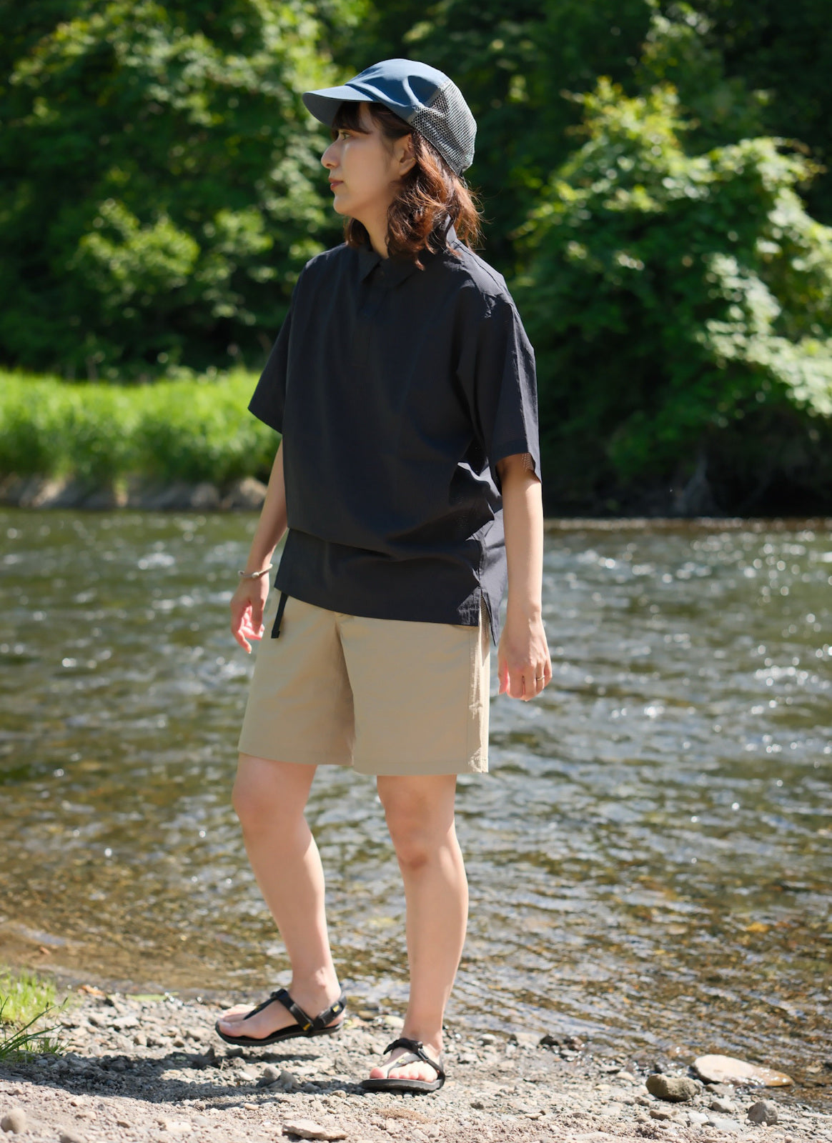 tomoka 161cm / Summer Pullover SS Black size-1 / Busy Work Shorts Beige S-size